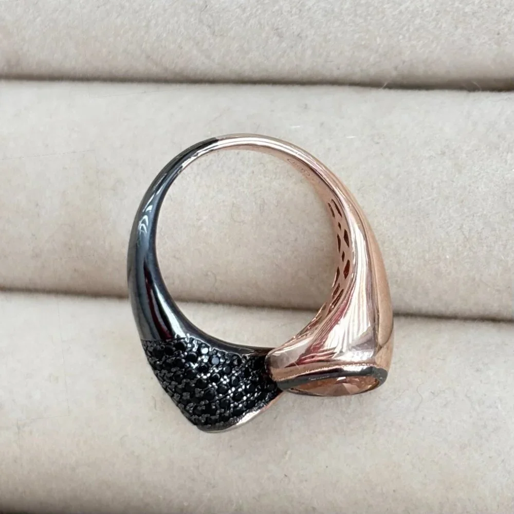 Swarovski Pave Crystals in 2-Tone Ring Rose & Black Sterling Silver Size 7 Italy